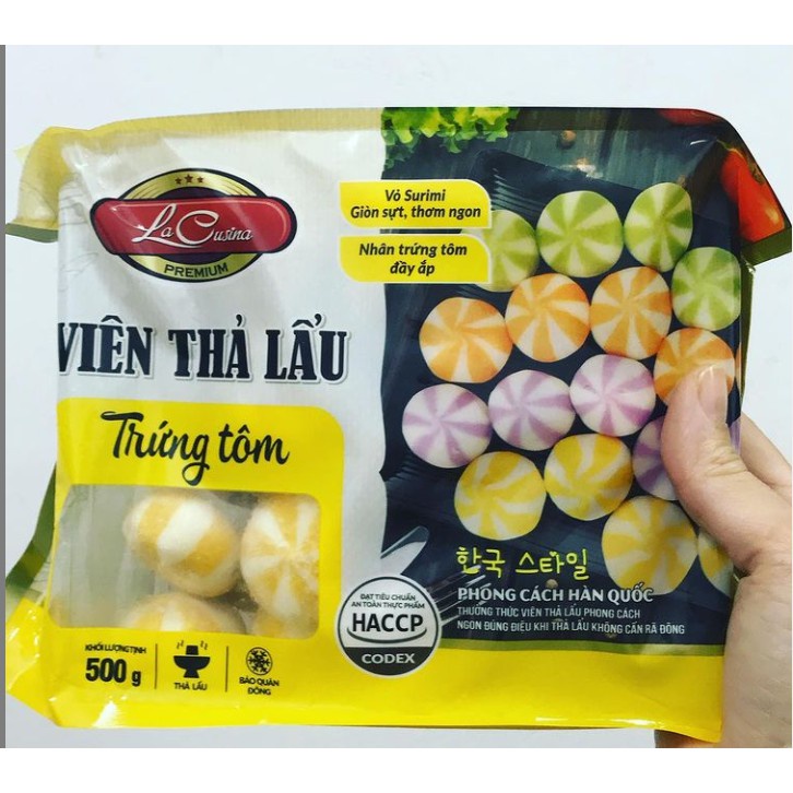 Viên thả lẩu nhân trứng tôm Lacusina 500g (màu vàng)