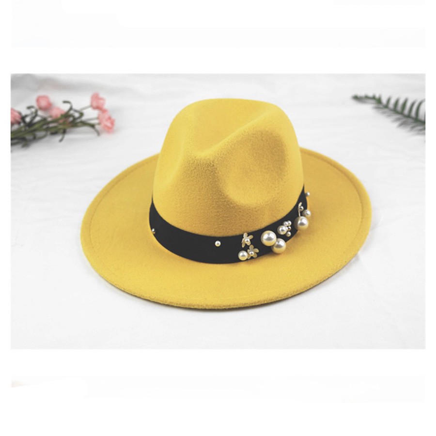 Nón phớt fedora retro vành rộng vải dạ nỉ mũ jazz đính hạt sang trọng dành cho cả nam và nữ hàng cao cấp