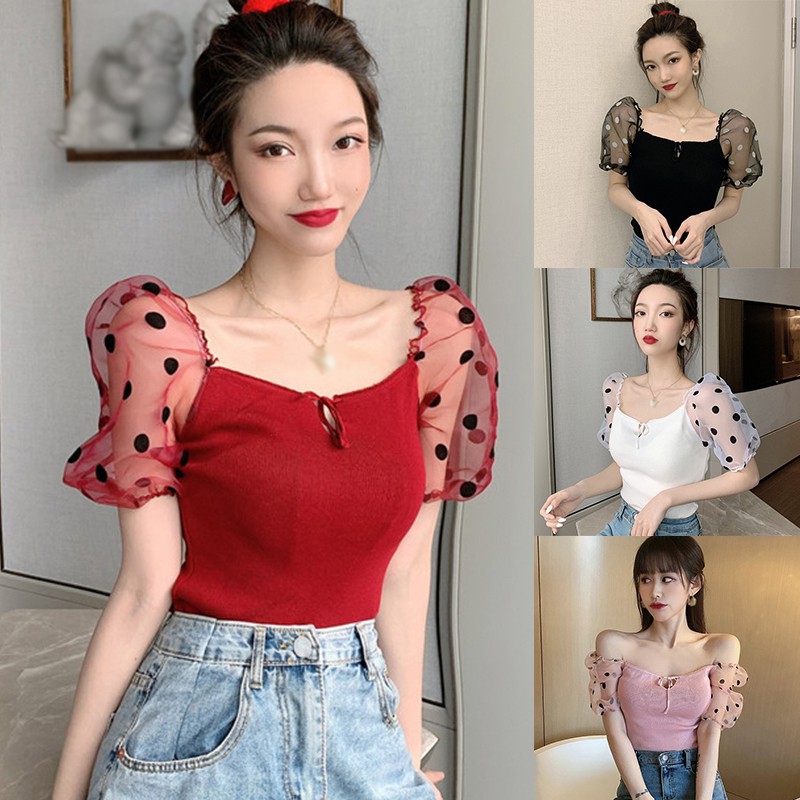 Áo Thun Nữ Tay Ngắn Cổ Vuông Họa Tiết Chấm Bi Thời Trang