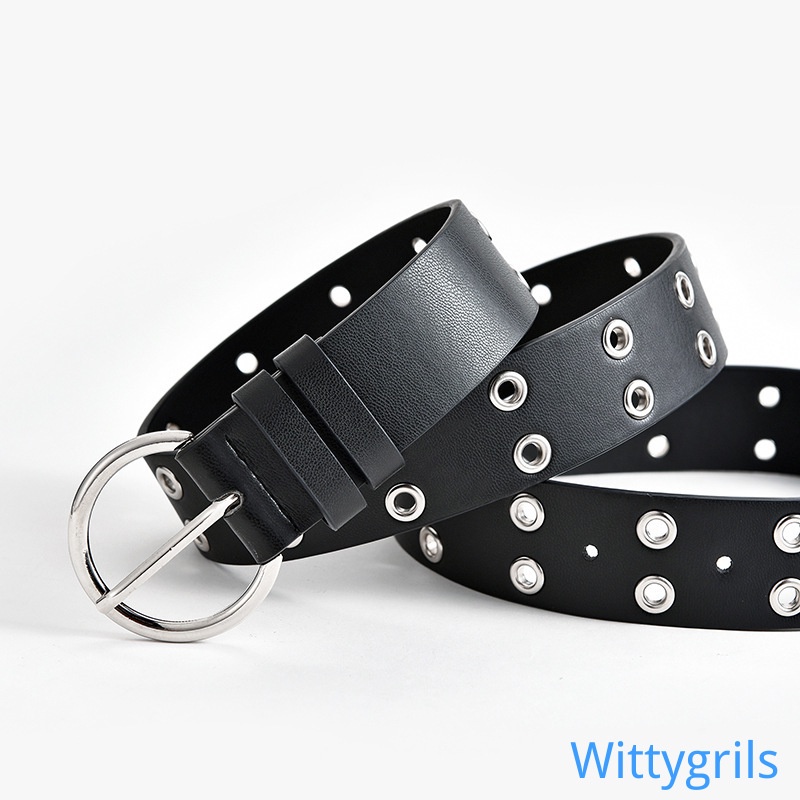 Thắt lưng nữ bằng da PU thiết kế lỗ đinh tán 2 hàng phong cách punk cá tính