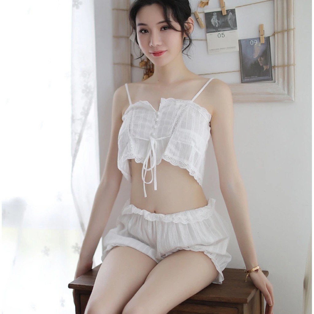 Bộ ngủ đũi 2 dây sexy màu trắng dễ thương - Bộ đồ ngủ cosplay phối ren mùa hè mát mẻ