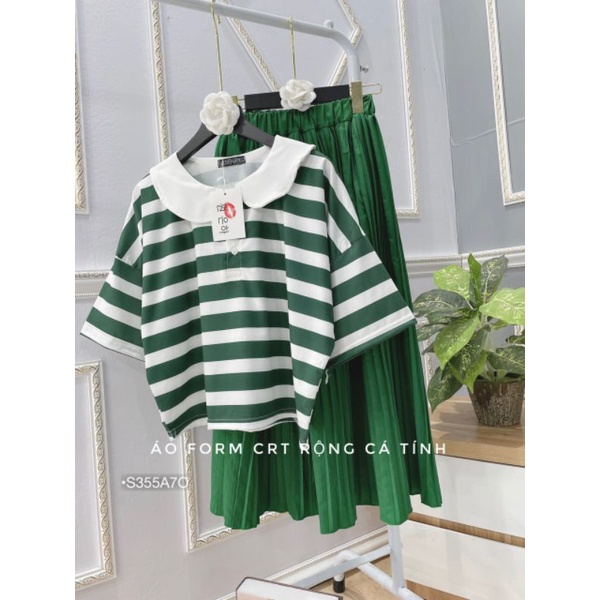 Set Váy Maxi Nữ Áo Thun Sọc Form Rộng Dáng Lửng Tay Phối Cổ Bèo Chân Váy Dập Ly Xanh Dáng Dài Thanh Lịch