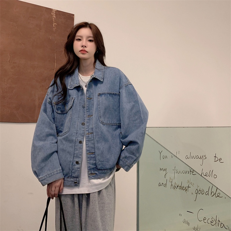 Áo Khoác Denim Dáng Rộng Phối Túi Thời Trang Mùa Thu Hàn Quốc Mới