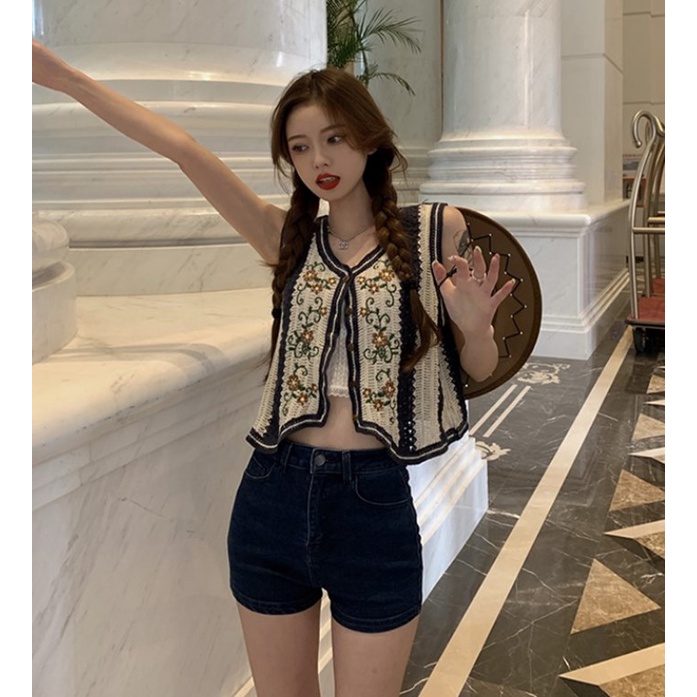 Áo kiểu XIAOZHAINV vải dệt kim mỏng không tay dáng rộng kiểu retro xinh xắn cho nữ