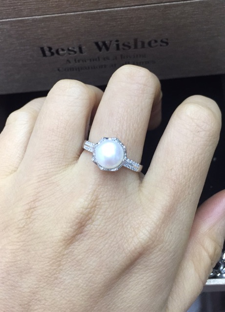 Nhẫn vương miện ôm quả cầu trắng nhân tạo bạc thật mạ vàng trắng