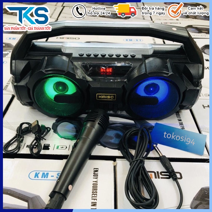 Loa Bluetooth karaoke xách tay Kimiso KM-S1/S2 - 2 Bass Cực Mạnh, Tặng 1 Micro Có Dây Hát Karaoke