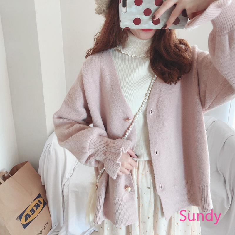 Áo khoác dệt kim màu trơn dáng rộng thời trang mùa thu dành cho nữ