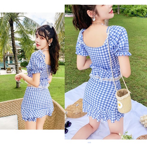 BỘ ĐỒ BƯƠI NỮ 2 MẢNH KẺ CARO  PHỐI REN  RÚT DÂY NỮ TÍNH