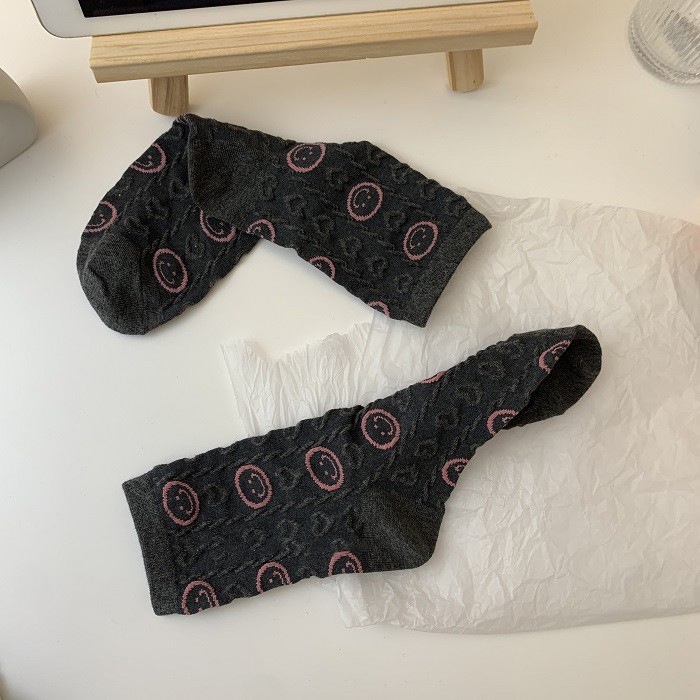 Vớ Cotton Trắng Cổ Vừa In Hình Mặt Cười Trái Tim Phong Cách Nhật Hàn Thời Trang Xuân Hè Cho Nữ