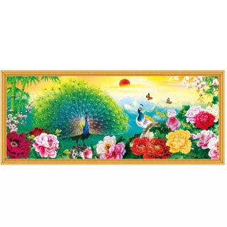 Tranh dán tường phong thủy VTC - Đôi chim công bên hoa mẫu đơn  LunaTM- 0175 KT: 120x50cm