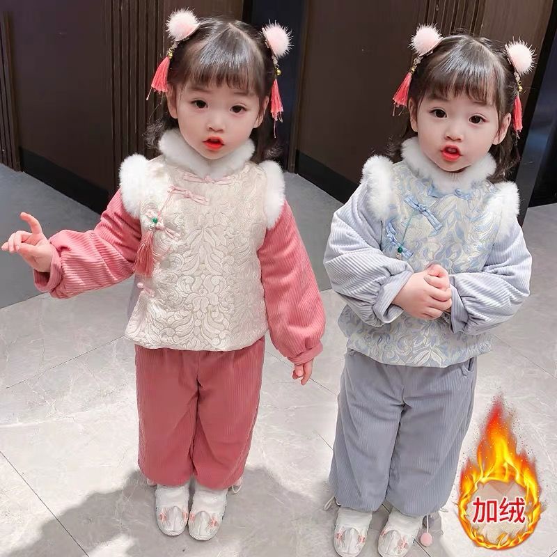 New Spot Girl Cheongsam Dress Clothes Winter2021New Chinese Style Children's Tang Suit New Year's Thick Clothing Season New Year Dress