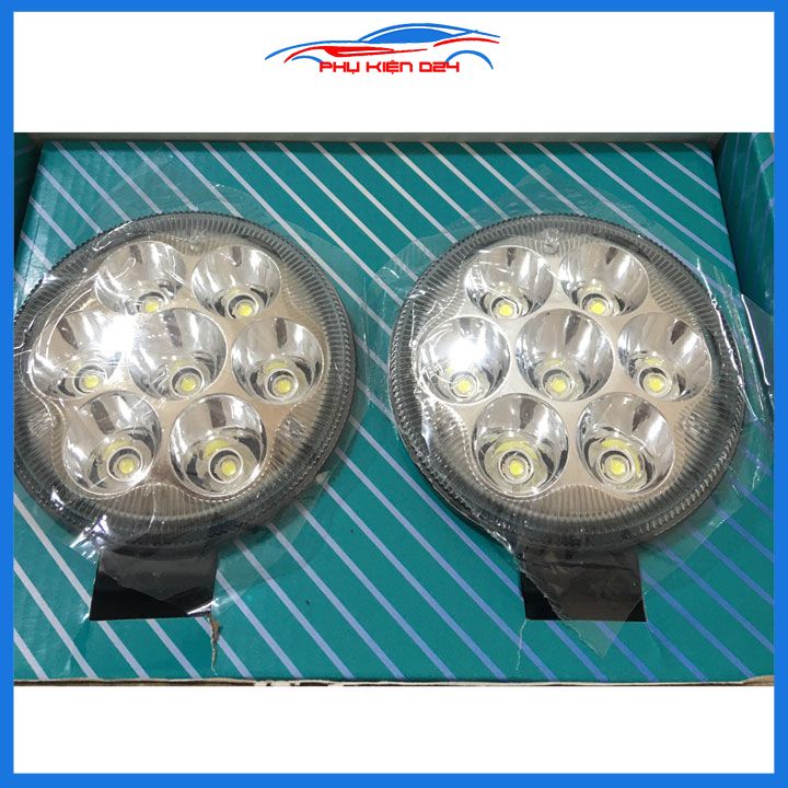 Bộ 2 đèn trợ sáng runlai 7 mắt tròn 11cm cho xe máy ô tô máy xúc máy công trình dùng điện 12/24V