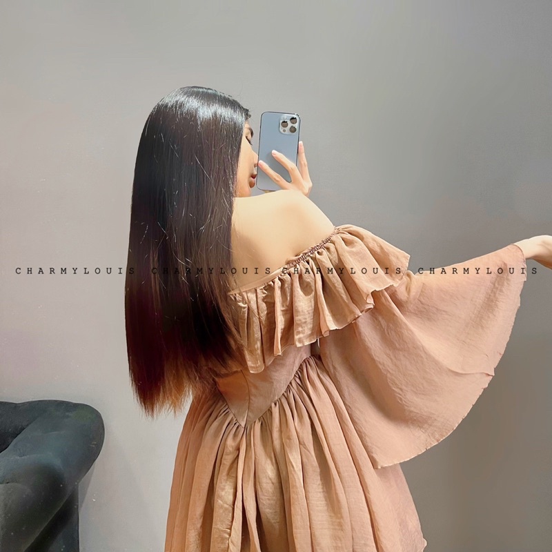 Đầm Voan Rớt Vai Tay Quạt Nâu QCCC