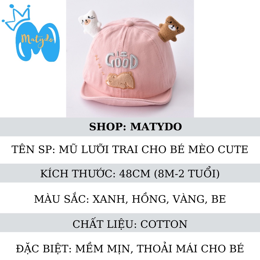 Mũ nón lưỡi trai cho bé trai bé gái mềm mại mùa hè mũ trẻ em hình mèo cute