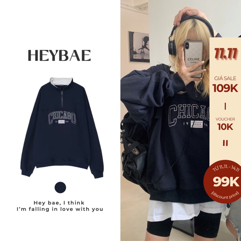 Áo sweater nỉ chui đầu oversize Chicago HEYBAE cổ bẻ khoá kéo dài tay dáng rộng vintage màu navy cho nữ AK004