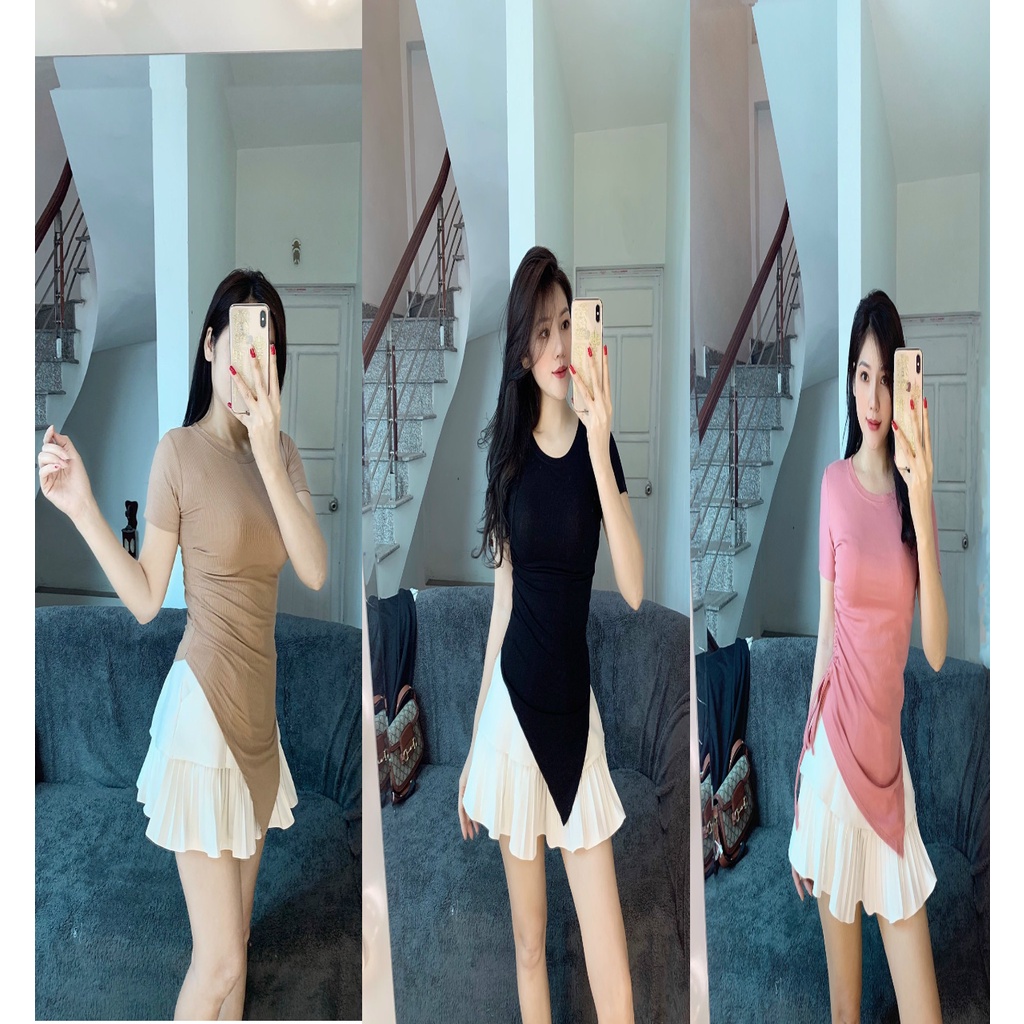 Áo thun kiểu rúm eo vạt nhọn ôm body, Áo kiểu ngắn tay rút sườn tà chéo