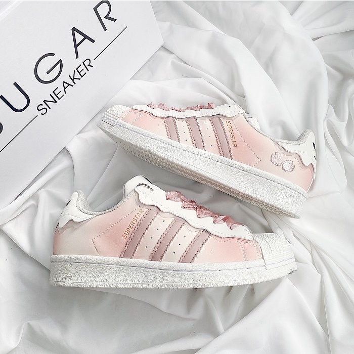 Giày thể thao adidas superstar hồng + xanh kem trắng, giầy das sò trắng kem cực chất hot trend 2023