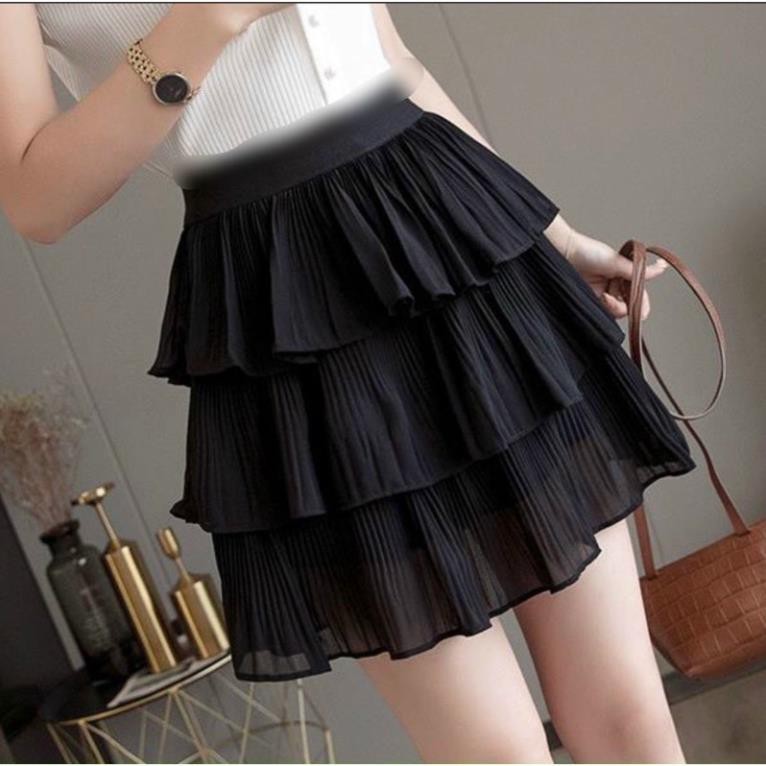 Chân Váy Dập Li Voan Đen 3 Tầng Xếp Li Đi Học Tennis Goft Có Quần Lót Trong DRCV22