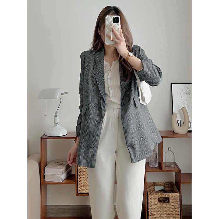 [ẢNH THẬT]Áo blazer Kẻ Xẻ Tay sang chảnh màu đen trơn, mầu trắng - dáng suông rộng trượt vạt bầu dáng rộng- áo khoác vét