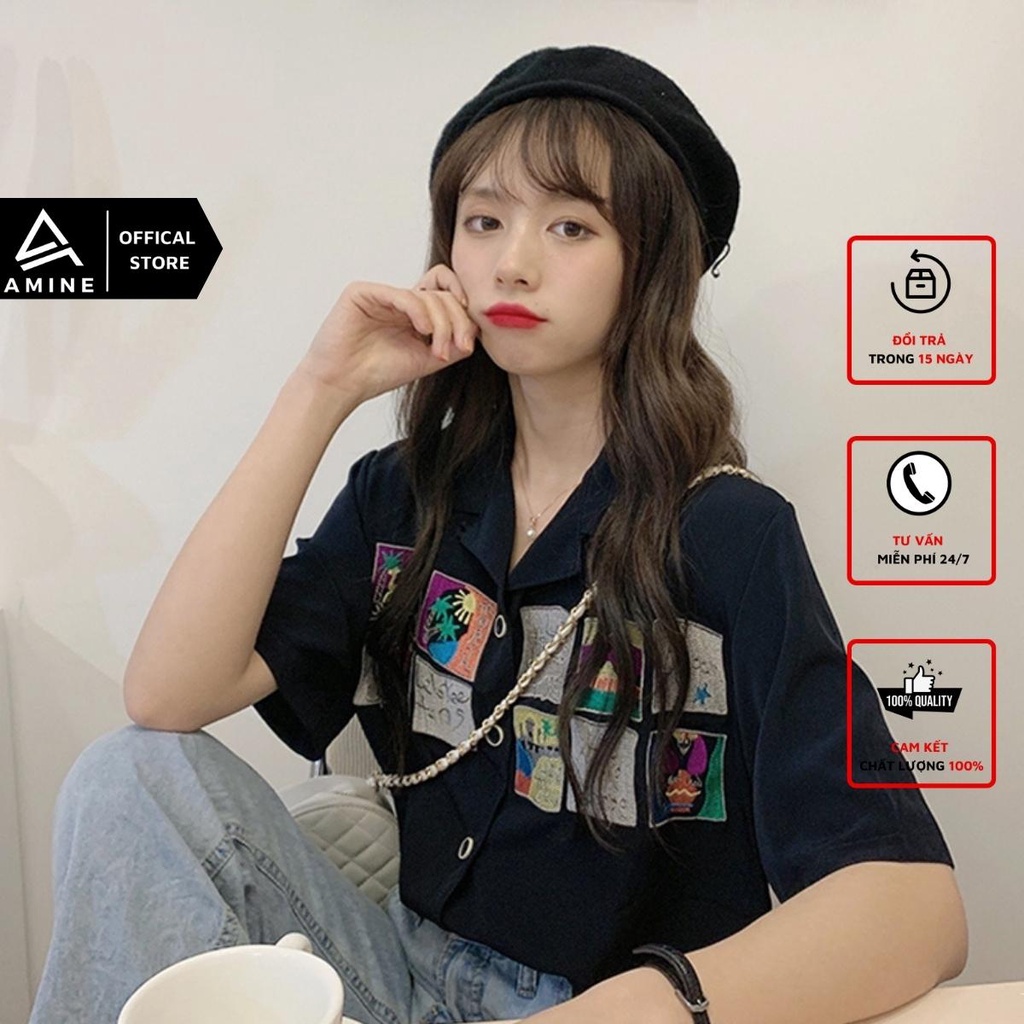 Áo sơ mi nữ đẹp, Sơ mi tay ngắn Free size thêu hình phong cách Hàn Quốc M01 | BigBuy360 - bigbuy360.vn