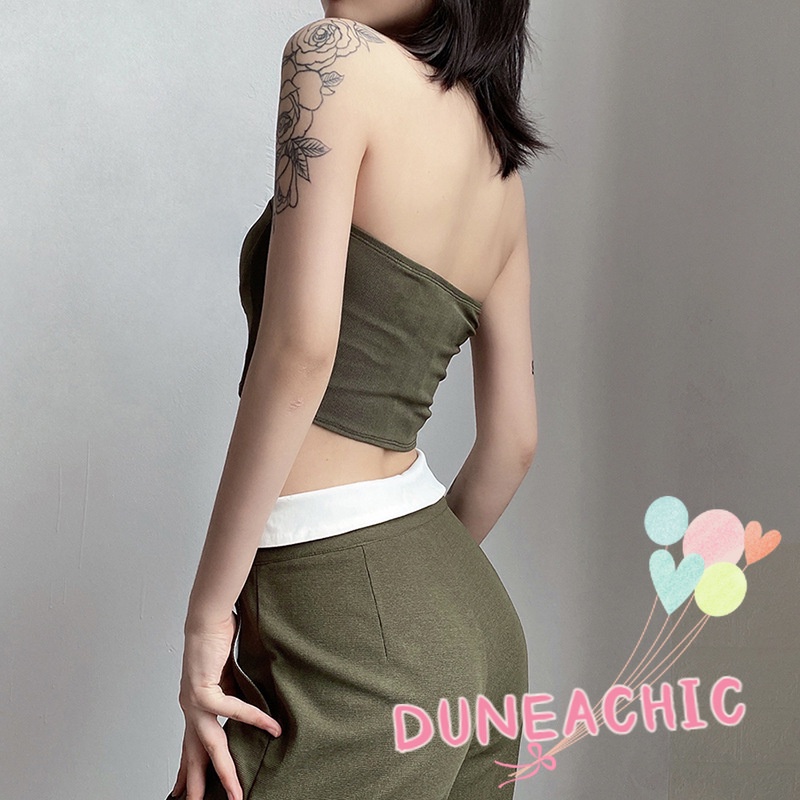 DUNEA Set đồ gồm áo 2 dây lửng và quần dài ống rộng lưng cao thời trang dành cho nữ