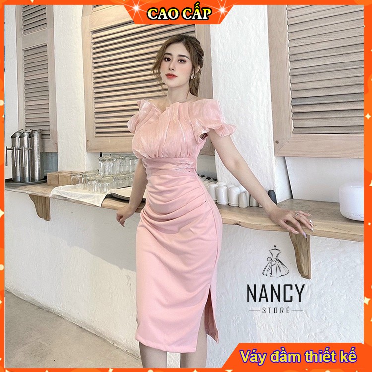 Váy đầm nữ body hở vai,tay ngắn bồng cao cấp sang chảnh dự tiệc trẻ trung trắng hồng đen Nancy A50