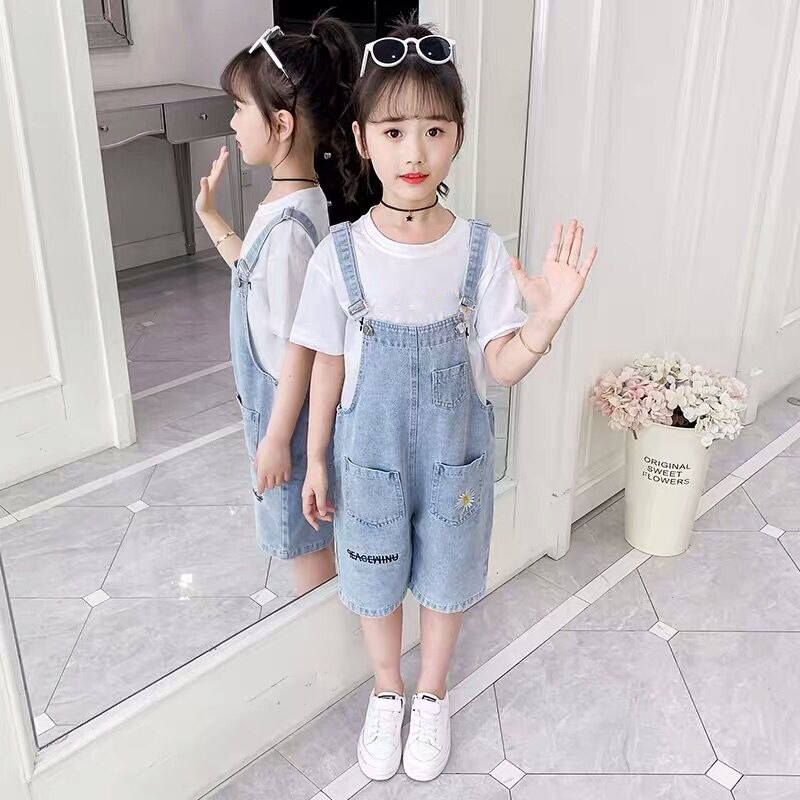 Set Quần Yếm Denim Và Áo Thun Tay Ngắn Thời Trang Châu Âu 2021 Cho Bé Gái