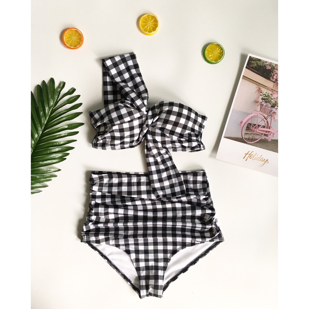 Bikini lệch vai caro 2 mảnh