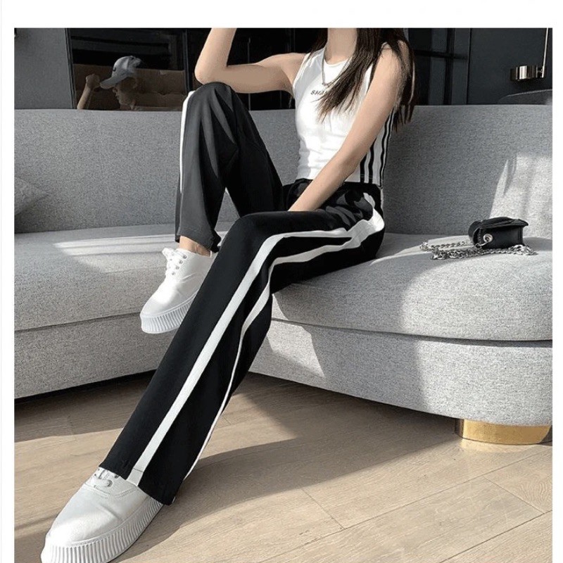 Quần culottes nỉ ống rộng suông viền trắng kèm hình thật