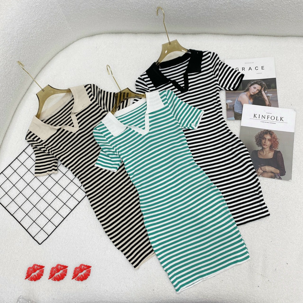 Váy body kẻ cổ bẻ viền Quảng châu