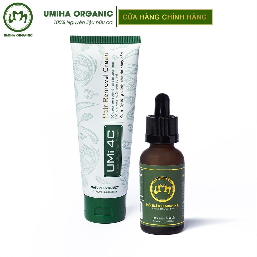 Combo triệt lông Chân Tay vĩnh viễn UMIHA ORGANIC với Mỡ trăn U Minh Hạ 30ml và Kem tẩy lông Umi 4C 100ml