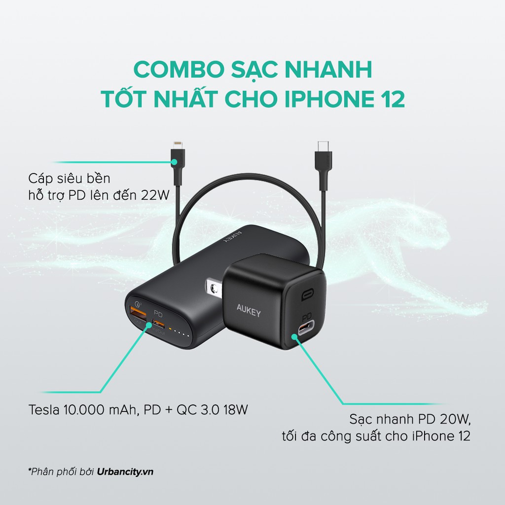 Combo Sạc Nhanh 20W iPhone AUKEY | Cốc Sạc 20W PA-B1, Cáp C-Lighnting 20W CB-CL1, Pin 10000mAh PD + QC3 PB-Y36