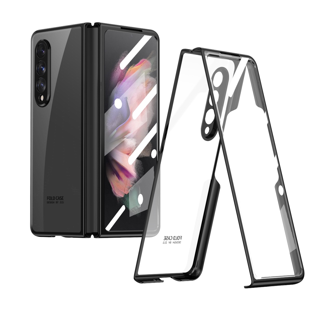 Ốp Điện Thoại Kính Cường Lực Trong Suốt Mạ Điện 9H 360 Độ Cho Samsung Galaxy Z Fold 3 5G 2021°Toàn Bộ Ốp Lưng PC Cứng Bảo Vệ Toàn Diện Có Kính Cường Lực Cho Iphone X
