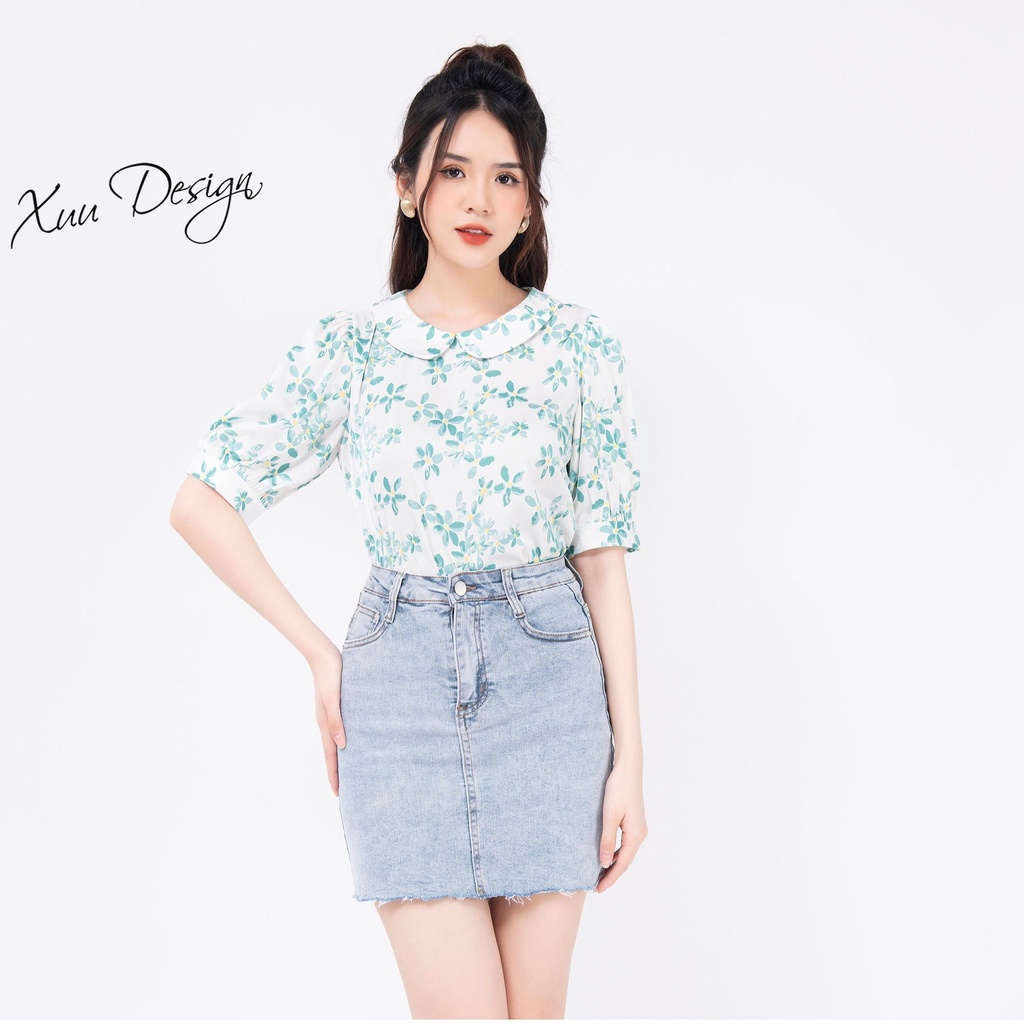 Áo kiểu nữ công sở cổ tròn Xuu, họa tiết hoa nhí nữ tính - Xu14