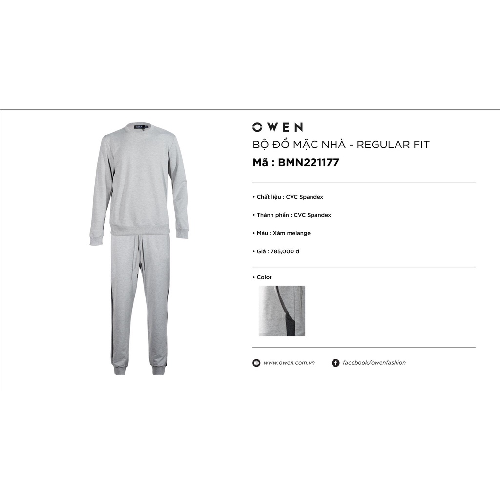 Bộ Đồ Thu Đông Mặc Nhà Nam OWEN BMN221177 Vải CVC Spandex Màu Xám Nhạt Dáng Suông Áo Dài Tay Cổ Tròn Bo Tay Quần Bo Gấu
