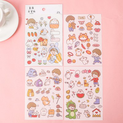 Sticker decal cute 4 tấm cô bé cậu bé Hangsu dụng cụ dán trang trí sổ vở URI DECOR