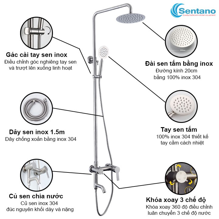 Bộ Sen cây tắm đứng NÓNG LẠNH INOX 304 Sentano (Kiểu tròn) HÀNG ĐÚC cao cấp - Lõi chia nước lớn chảy mạnh