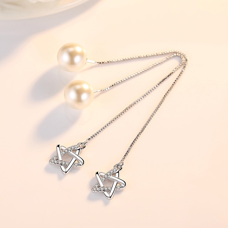 AIFEI♥ Silver 925 Original Pentagram Small Star Simple Pearl Front and Back Hanging Ear Chain Female Tassel Exaggerated Personality Pearl Long Ear Line-S1