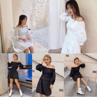 Váy trắng trễ vai đan dây