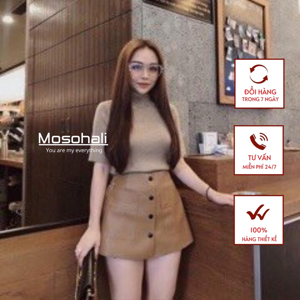 Quần váy da phối khuy 2 túi trước 2 màu đen nâu thời trang mosohali