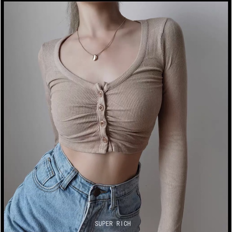 Áo Croptop Tay Dài Chất Thun Gân Co Dãn
