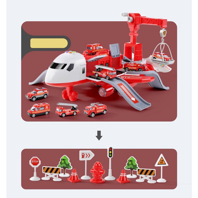 Đồ chơi máy bay chạy pin kèm 4 xe cứu hỏa kim loại hot wheels có giàn cẩu, đèn biển báo