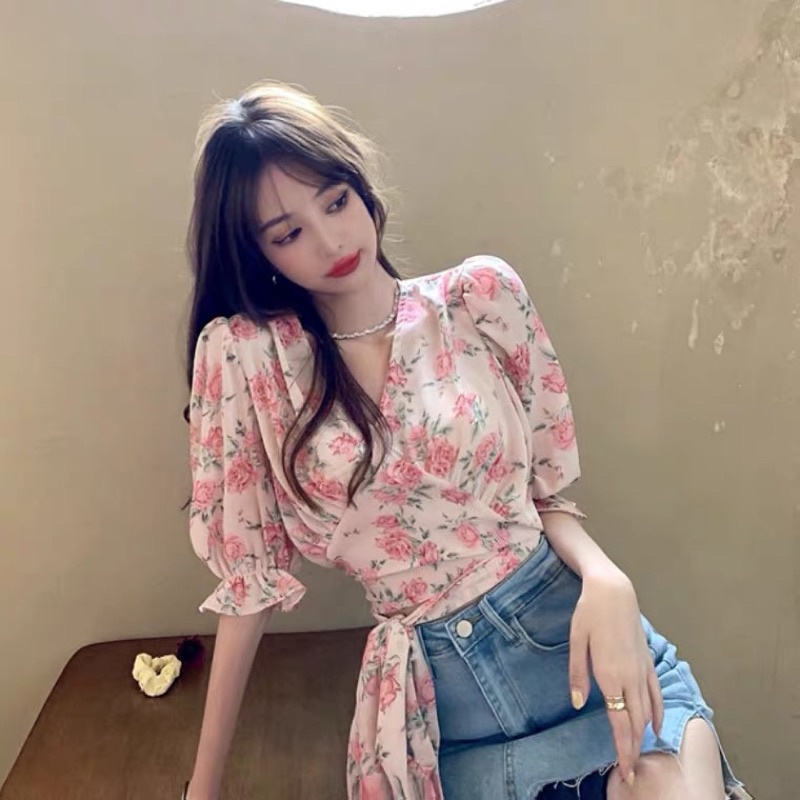 Áo nữ voan họa tiết hoa hồng xinh xắn thời trang nữ thanh lịch