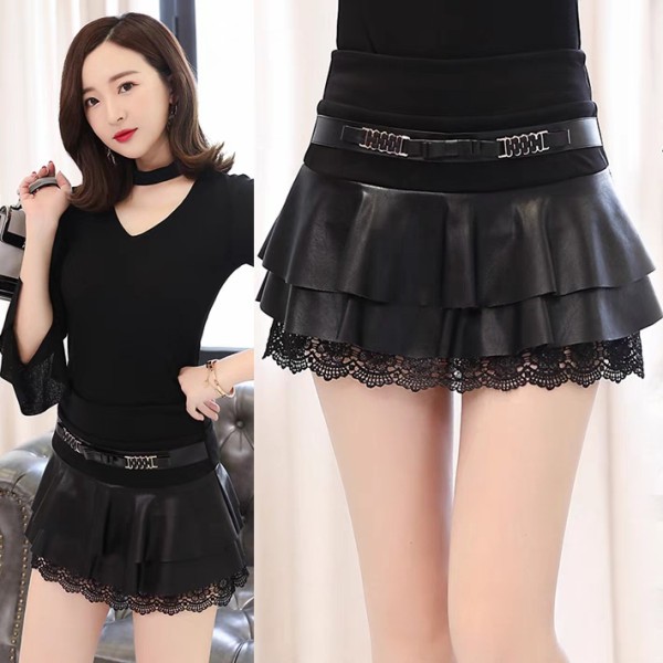 Chân váy da phối ren dáng ngắn có lót trong trẻ trung xinh xắn duyên dáng