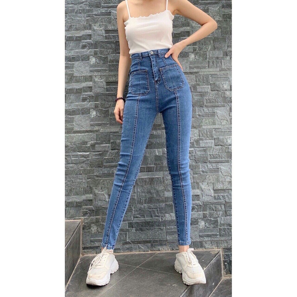 Quần Jeans Nữ Lưng Cao 2 Túi Vuông Trước, Quần Jean Gân 2 Màu Xanh Và Xám Co Giãn Tốt - 501