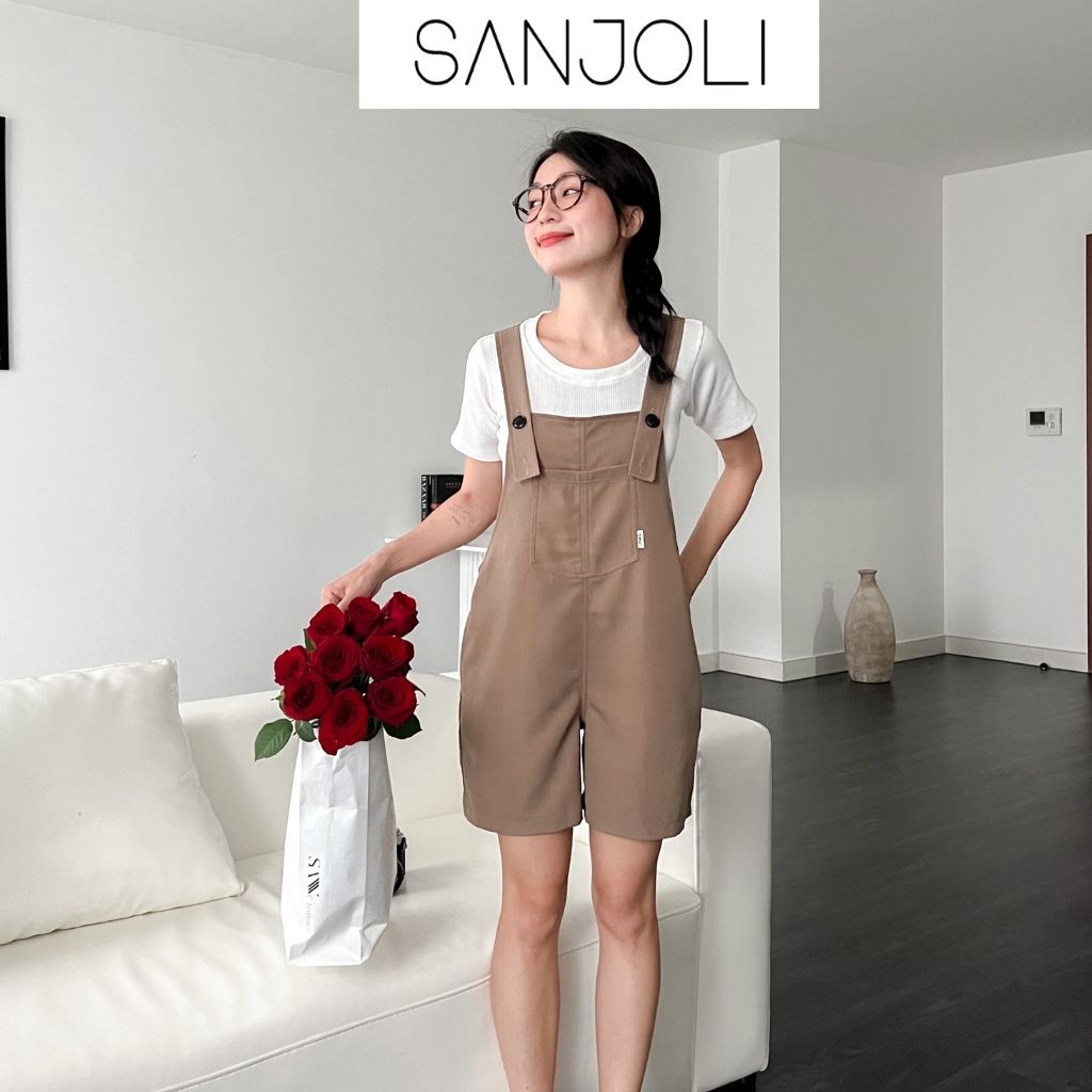 Quần yếm ngắn nữ form rộng dây đeo có thể điều chỉnh vải cotton vintage Sanjoli QD005