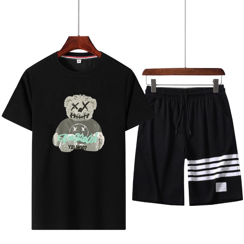 Set Bộ 2 Món Quần Shorts + Áo Thun Nam Chất Vải Thun CB2_MAT173TH_MSH001THDEF6 (Gấu Bông + 3 Kẻ Ngang)
