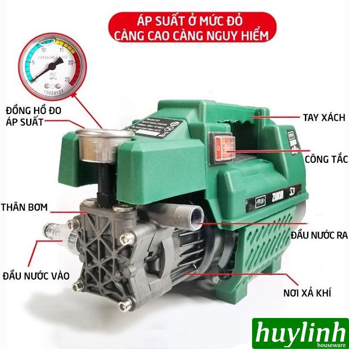 Máy xịt rửa xe mini gia đình Zukui S3 2000W - may rua xe - Dây cao áp 15 mét + thân nối dài