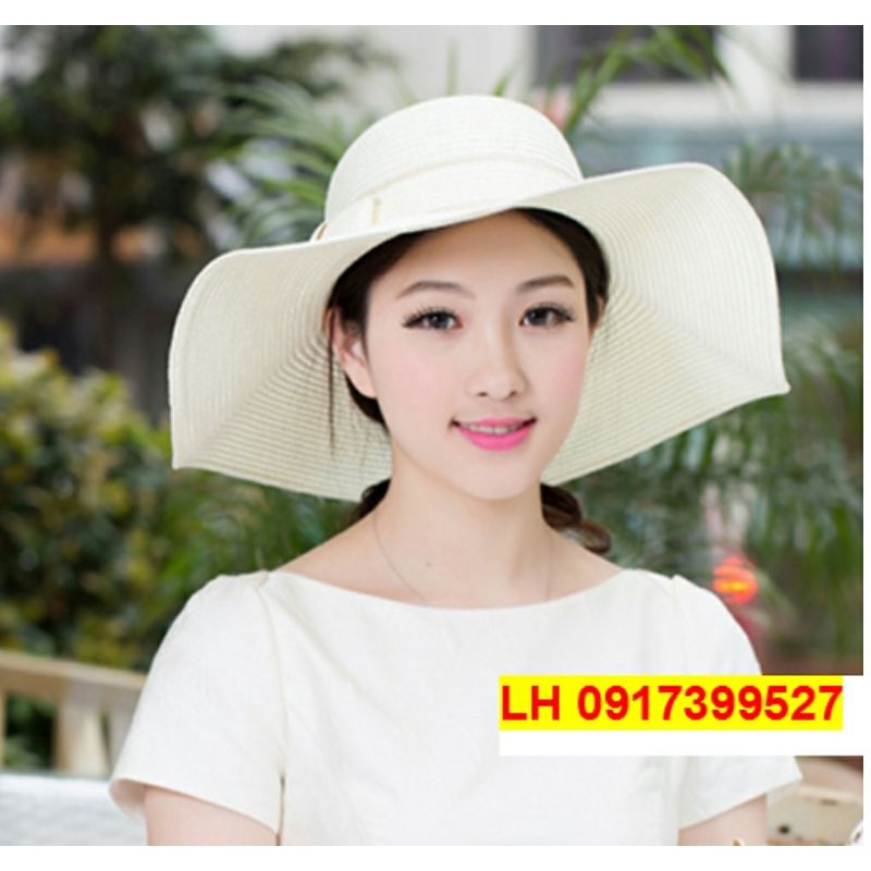 Nón rộng vành đi biển đẹp mũ cói nơ viền trắng cho nữ