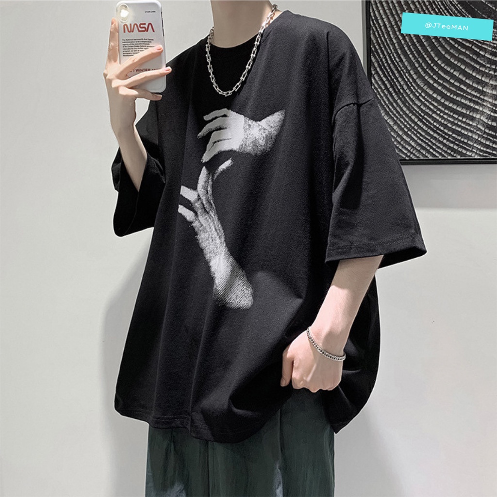 Áo thun Unisex tay lỡ form rộng in 2 bàn tay, áo phông Unisex cá tính vải cotton cao cấp 2 màu Trắng Đen JTeeMan - JT26